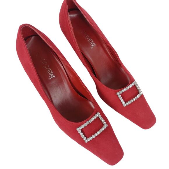 COUP D'ETAT Women's 8 Red Suede Leather 3" Heels, Rhinestone Pointed Square Toe - Picture 2 of 9